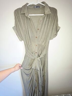 Shein Olive Green Button-Front Maxi Dress with Tie Waist